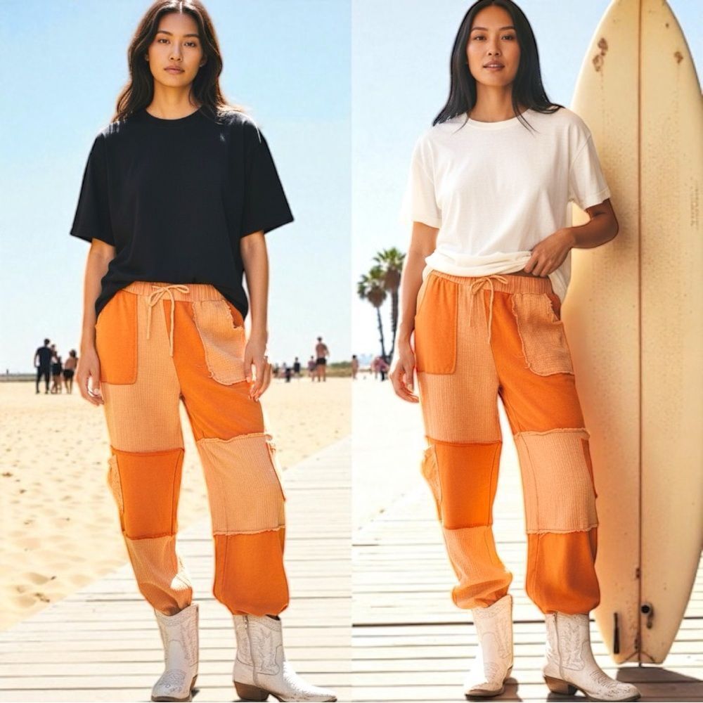 POL Jogger Pants Orange Patchwork Adjustable Drawstring Cargo Pockets Contrast M - Picture 5 of 7